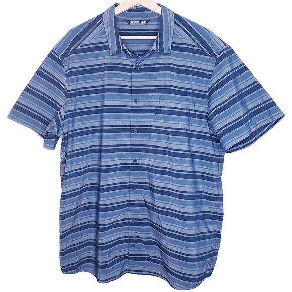 ARC'TERYX Men's Size XL BROHM Striped SS Button Up Shirt Blue Cotton Blend - Picture 1 of 10